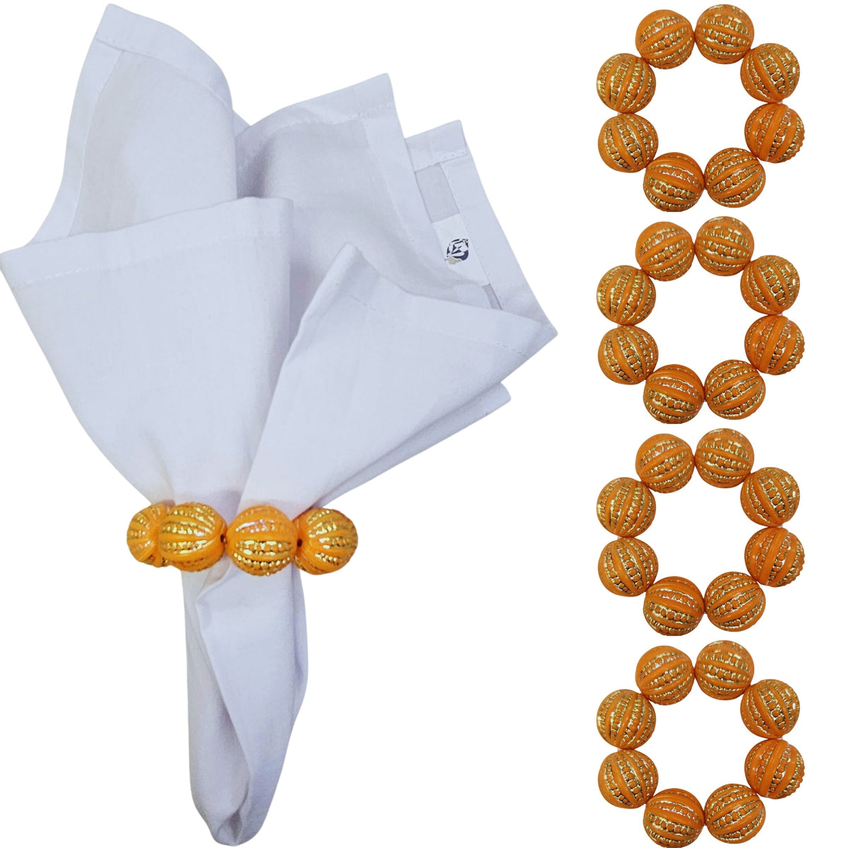 Maison Charlô Orange Beaded Napkin Rings Set of 4 – Handmade Acrylic, Rustic Table Décor | 2.36"