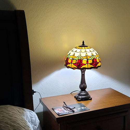 19" Dark Brown Metal Candlestick Table Lamp with Orange Glass Dome Shade – Ambient Home Accent Light