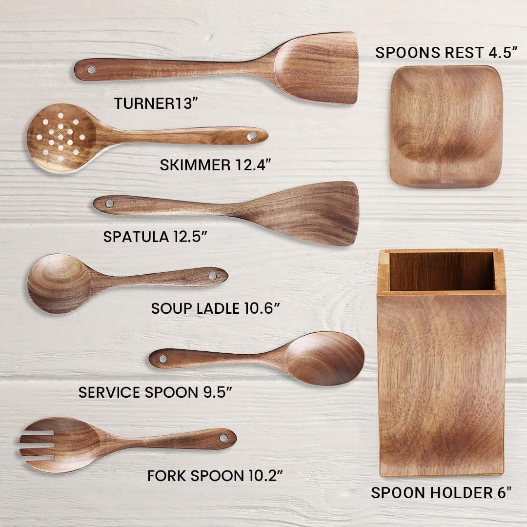 8-Piece Wooden Spoons for Cooking – Wood Kitchen Utensil Set with Spoon Rest & Holder for Nonstick Cookware