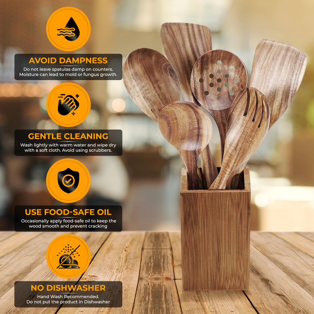 8-Piece Wooden Spoons for Cooking – Wood Kitchen Utensil Set with Spoon Rest & Holder for Nonstick Cookware