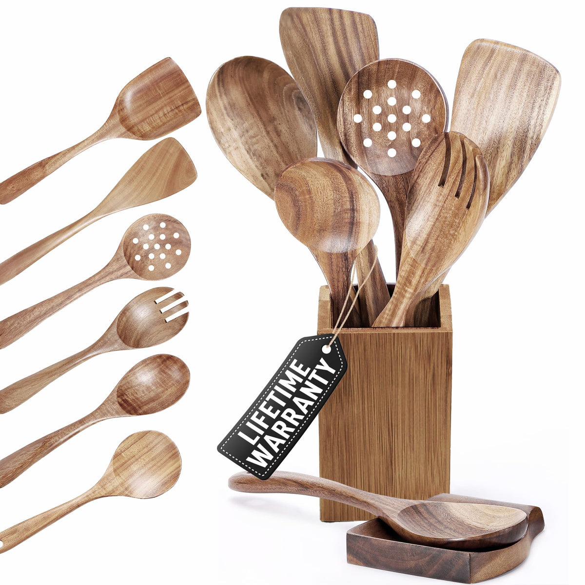 8-Piece Wooden Spoons for Cooking – Wood Kitchen Utensil Set with Spoon Rest & Holder for Nonstick Cookware