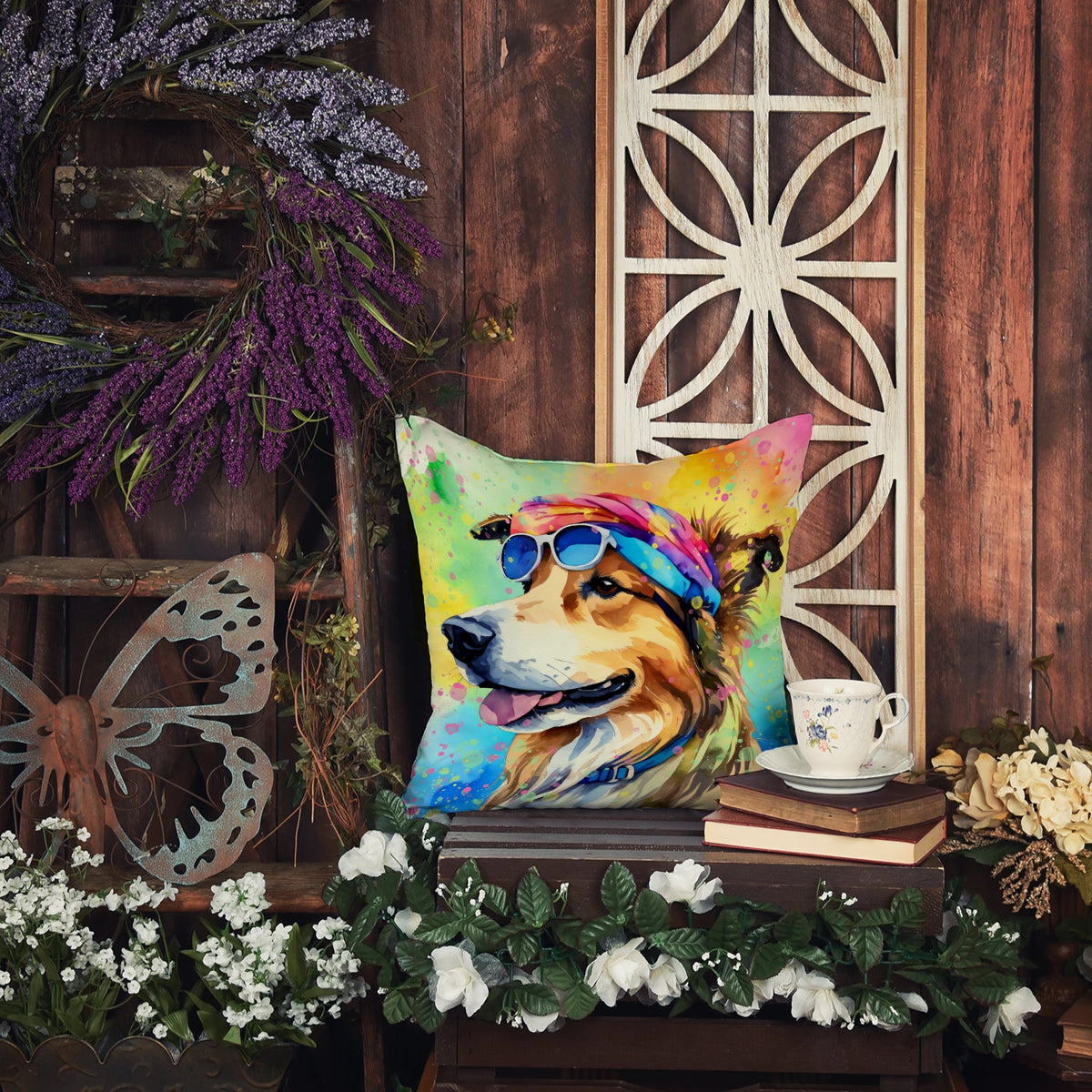 Collie Hippie Dawg Decorative Throw Pillow – Indoor/Outdoor, Water-Resistant Polyester | 18" × 18"