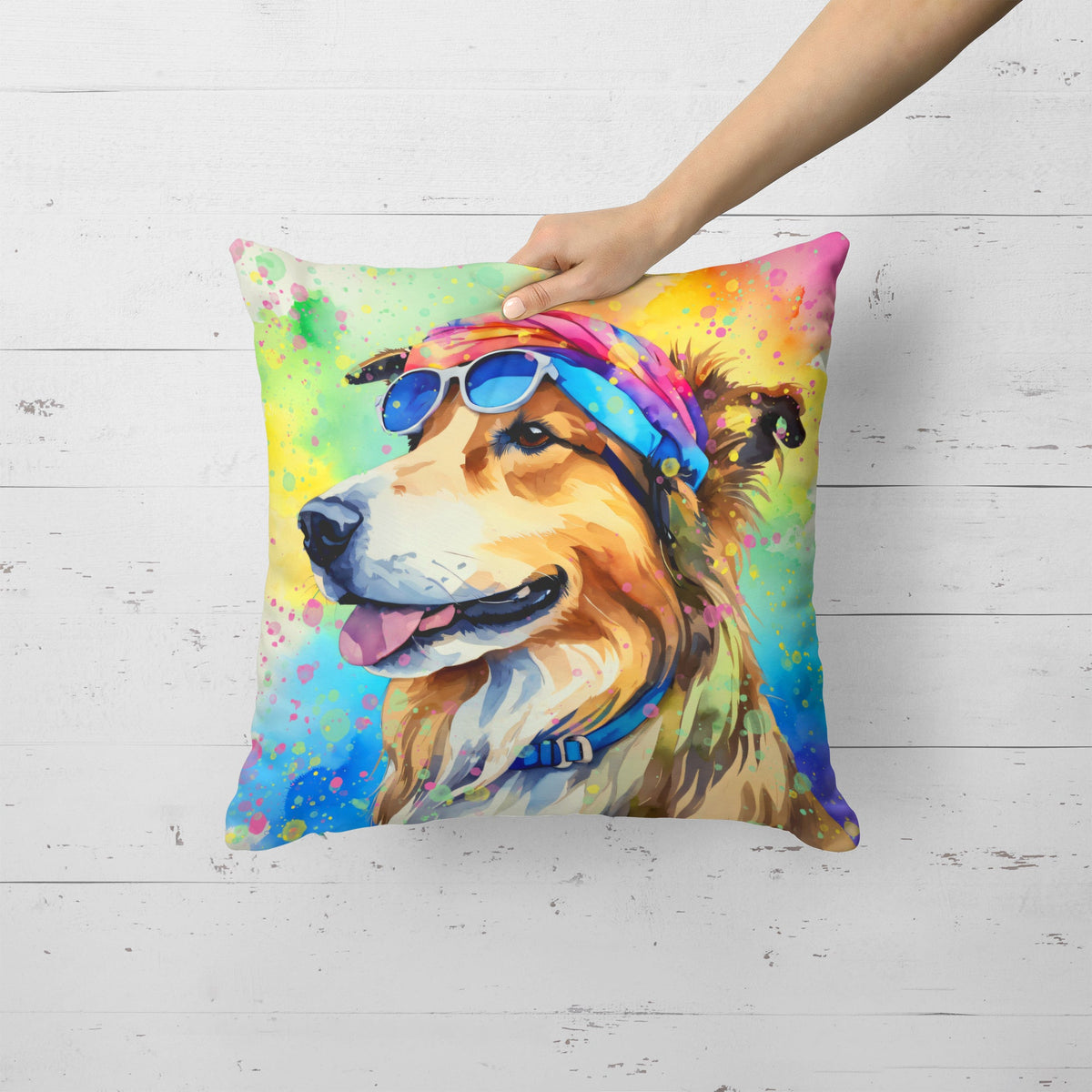 Collie Hippie Dawg Decorative Throw Pillow – Indoor/Outdoor, Water-Resistant Polyester | 18" × 18"