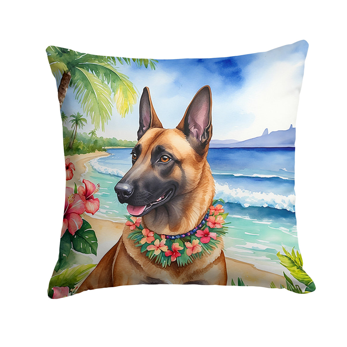 Belgian Malinois Luau Decorative Throw Pillow – Indoor/Outdoor, Water-Resistant Polyester | 14" × 14"