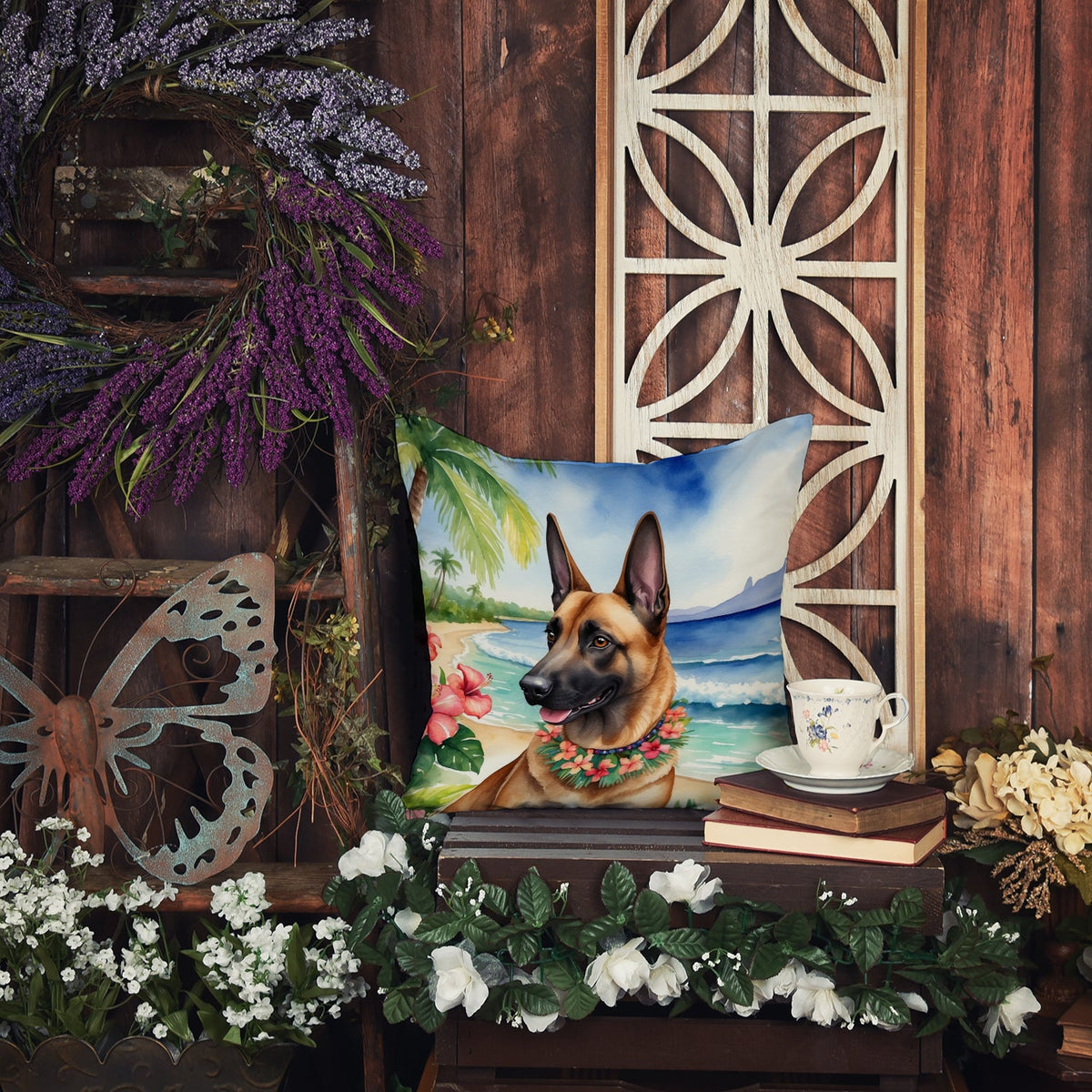 Belgian Malinois Luau Decorative Throw Pillow – Indoor/Outdoor, Water-Resistant Polyester | 14" × 14"