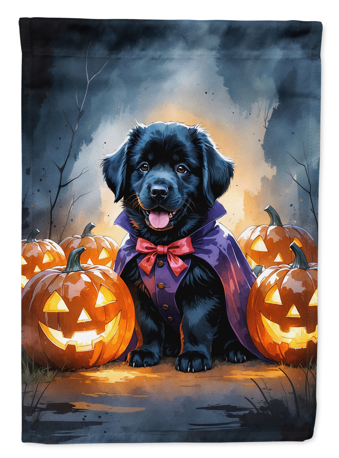 Black Newfoundland Puppy Halloween House Flag – Double-Sided, Heavy-Duty Polyester | 28" × 40"