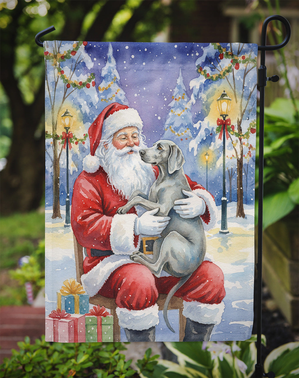 Weimaraner Santa Claus Christmas Garden Flag – Double-Sided, Weatherproof Polyester | 11.25" × 15.5"