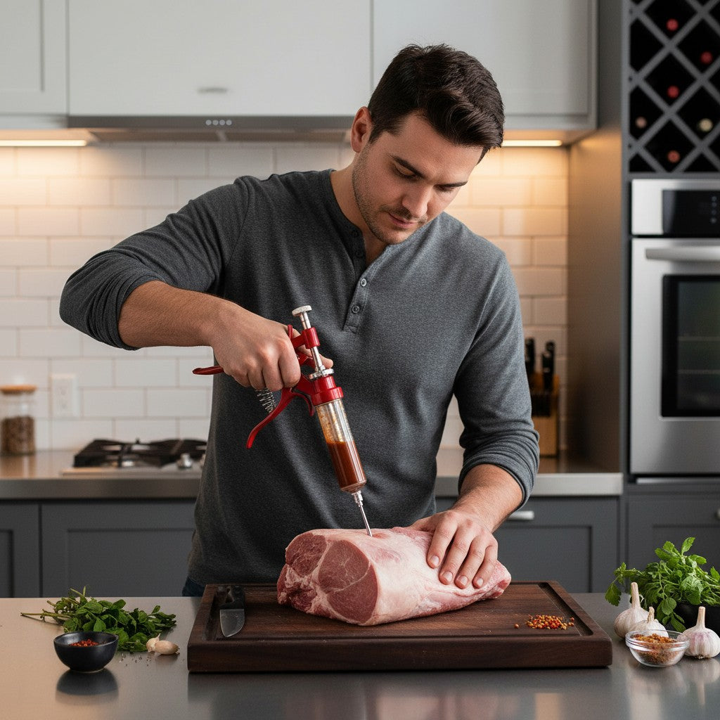 BBQ Meat Marinade Injector with Case – Pistol Grip Flavor Injector for Smoking, Grilling & Roasting
