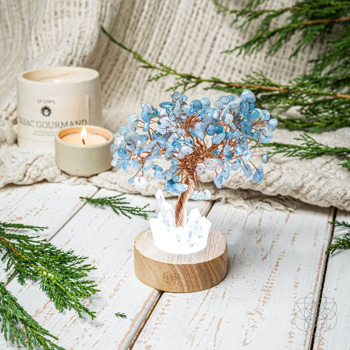 Guardian Angel Aquamarine & Clear Quartz Crystal Lamp – Healing Night Light | Wooden Base