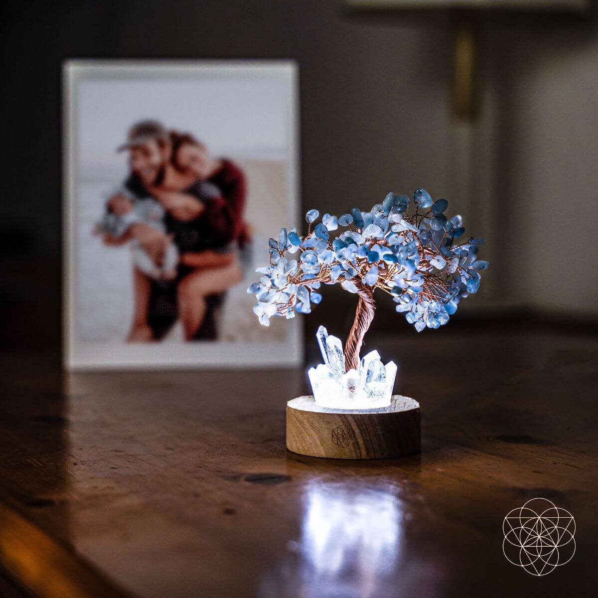 Guardian Angel Aquamarine & Clear Quartz Crystal Lamp – Healing Night Light | Wooden Base